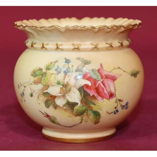 74 - A Royal Worcester Blush round bulbous thin necked trumpet shaped pot with multi-coloured floral, lea... 