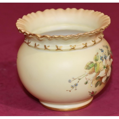 74 - A Royal Worcester Blush round bulbous thin necked trumpet shaped pot with multi-coloured floral, lea... 