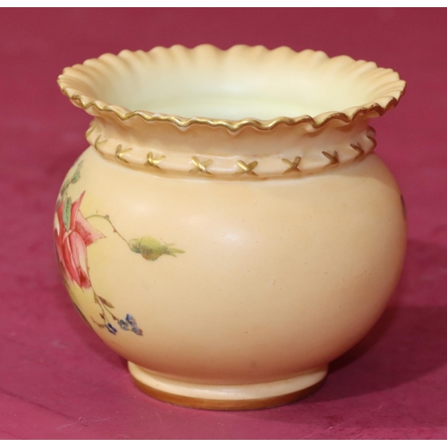 74 - A Royal Worcester Blush round bulbous thin necked trumpet shaped pot with multi-coloured floral, lea... 