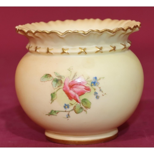 74 - A Royal Worcester Blush round bulbous thin necked trumpet shaped pot with multi-coloured floral, lea... 