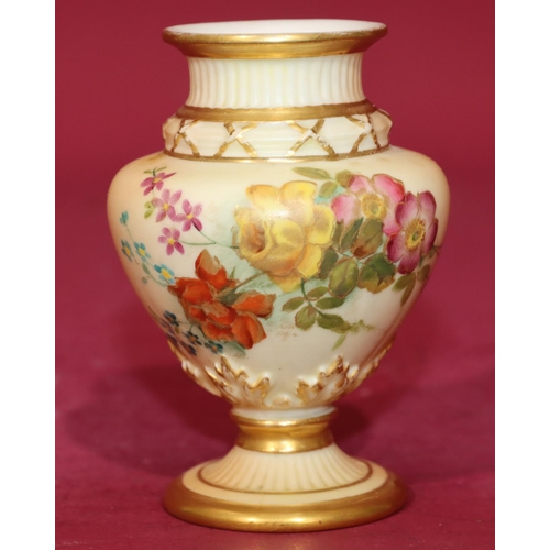 76 - A Royal Worcester Blush small round bulbous thin necked vase with multi-coloured floral, leaf and gi... 