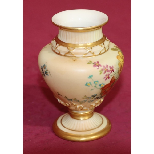 76 - A Royal Worcester Blush small round bulbous thin necked vase with multi-coloured floral, leaf and gi... 