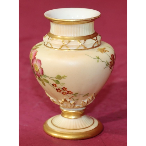 76 - A Royal Worcester Blush small round bulbous thin necked vase with multi-coloured floral, leaf and gi... 