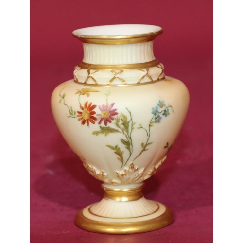 76 - A Royal Worcester Blush small round bulbous thin necked vase with multi-coloured floral, leaf and gi... 