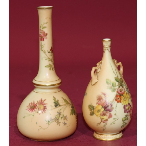 77 - A Royal Worcester Blush round bulbous thin necked 2-handled vase with multi-coloured floral, leaf an... 