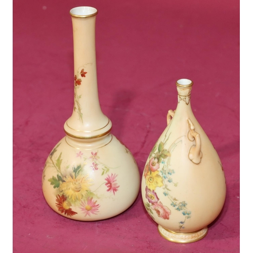 77 - A Royal Worcester Blush round bulbous thin necked 2-handled vase with multi-coloured floral, leaf an... 