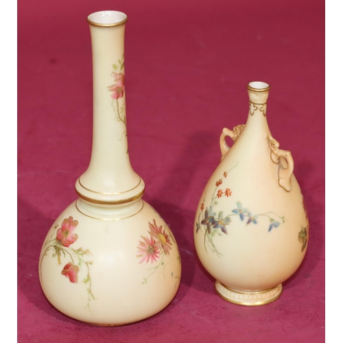 77 - A Royal Worcester Blush round bulbous thin necked 2-handled vase with multi-coloured floral, leaf an... 