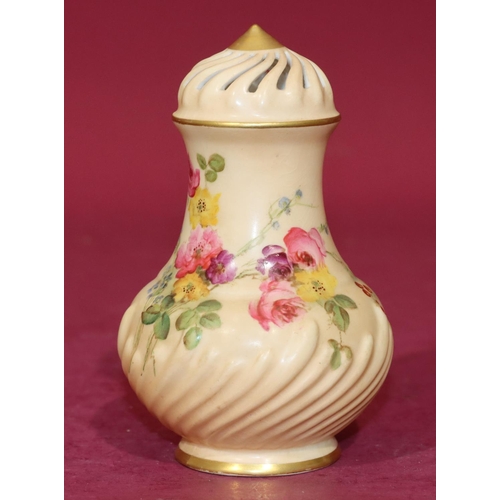 78 - A Royal Worcester Blush round bulbous sugar caster  with multi-coloured floral, leaf and gilt decora... 