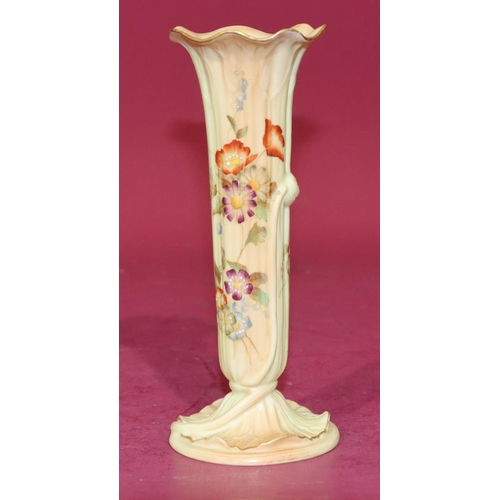 79 - A Royal Worcester Blush round trumpet shaped vase with crinkled rim and multi-coloured floral, leaf ... 