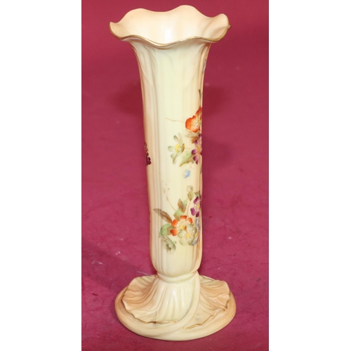 79 - A Royal Worcester Blush round trumpet shaped vase with crinkled rim and multi-coloured floral, leaf ... 