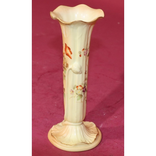 79 - A Royal Worcester Blush round trumpet shaped vase with crinkled rim and multi-coloured floral, leaf ... 