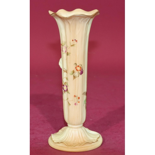 79 - A Royal Worcester Blush round trumpet shaped vase with crinkled rim and multi-coloured floral, leaf ... 