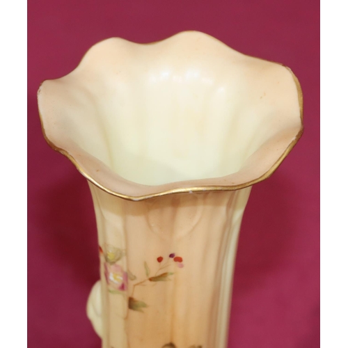 79 - A Royal Worcester Blush round trumpet shaped vase with crinkled rim and multi-coloured floral, leaf ... 