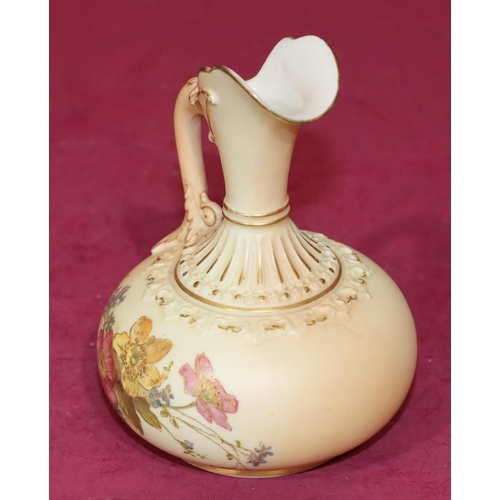 80 - A Royal Worcester Blush round bulbous thin necked jug with multi-coloured floral, leaf and gilt deco... 