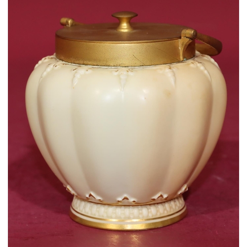 81 - A Royal Worcester Blush round bulbous melon shaped sugar bowl with gilt metal cover and swing overhe... 