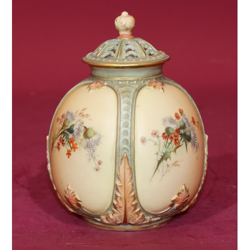 83 - A Royal Worcester Blush round bulbous thin necked lidded pot with multi-coloured thistle, leaf and g... 