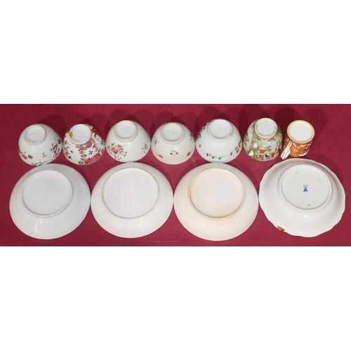 85 - 2 18th Century Newhall style tea bowls and 3 other tea bowls (cracked and chipped), 2 cups (both a/f... 