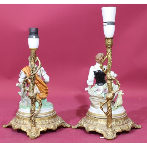 96 - A pair of Continental china and gilt metal table lamps in the form of a seated gentleman and lady, o... 