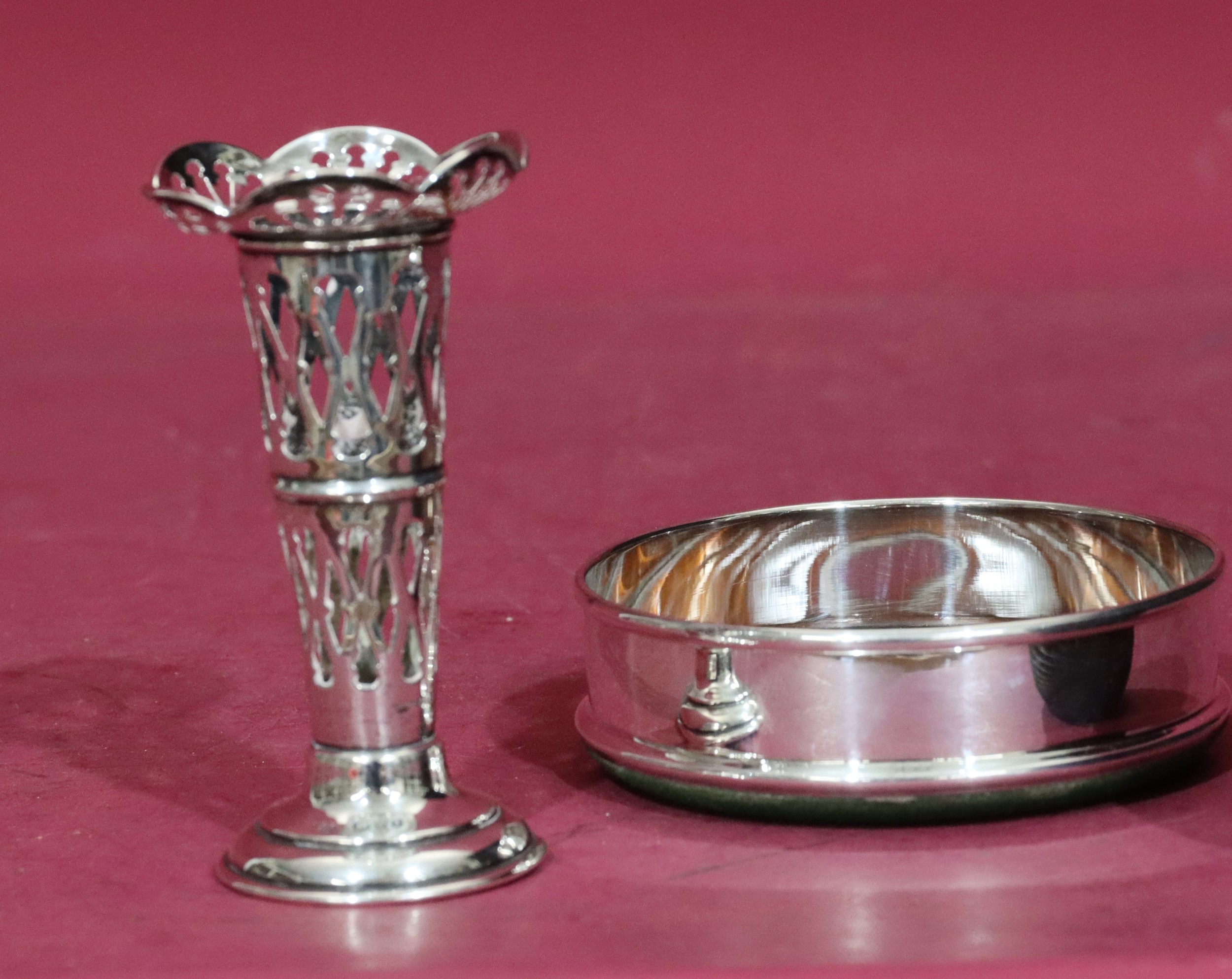 A Chester silver round trumpet shaped spill vase with crinkled rim and ...