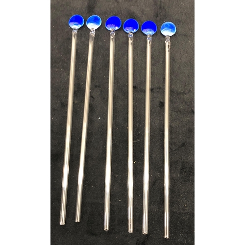 3307 - 6 Bimini glass straw spoons on clear and blue ground, 25.5cm long.