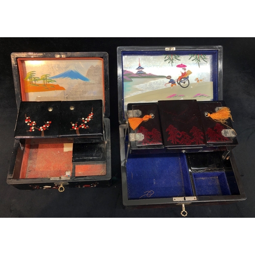 3333 - 2 Oriental lacquered musical jewellery boxes, (not working), largest 2.3cm wide, 15.5cm deep, 11cm h... 