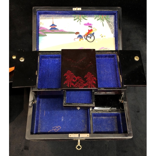 3333 - 2 Oriental lacquered musical jewellery boxes, (not working), largest 2.3cm wide, 15.5cm deep, 11cm h... 