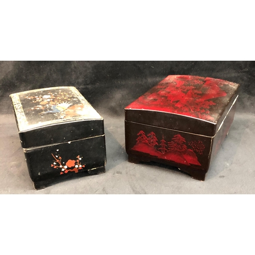 3333 - 2 Oriental lacquered musical jewellery boxes, (not working), largest 2.3cm wide, 15.5cm deep, 11cm h... 