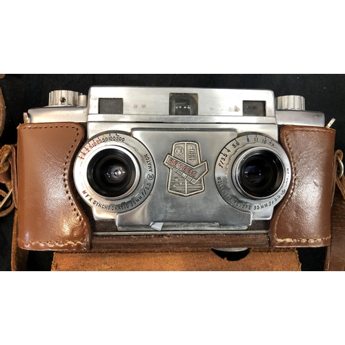 3338 - A Revere Stereo 33 Camera serial no. V- 13673 in brown leather case, a Welmy 6 camera, a Miranda MS-... 