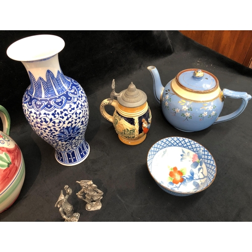 3342 - A blue and white vase, 26.5cm high, a biscuit tin (teapot handle damaged), various other china, ciga... 