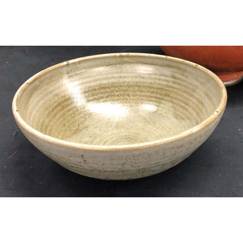 3373 - 2 glazed bowls with silver coloured rims, 26cm diameter, a stoneware bowl,23.5cm diameter and a larg... 