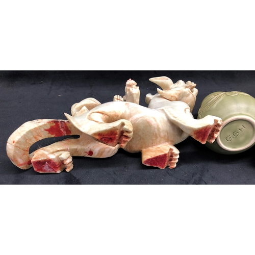 3374 - An Oriental hardstone figure of a dragon with smaller dragon on his back, 28cm wide, 18cm high, a go... 