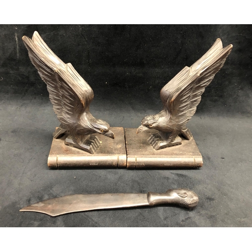 3383 - A pair of onyx horse head bookends (1 glued together), 2 wooden eagle bookends and an ebonised paper... 