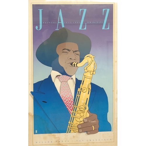 3387 - A Waller Press coloured Jazz poster New Orleans 1981 in wood frame, 51 x 80.5cm overall.