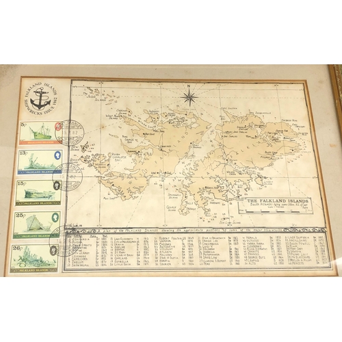 3399 - A coloured map of The Falkland Islands and including stamps, framed, 40 x 32.5, a map of the world a... 