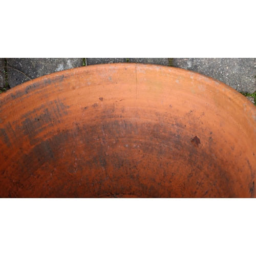 3413 - 2 modern terracotta round trumpet shaped garden pots with raised scallop shaped tops, 50cm diameter,... 