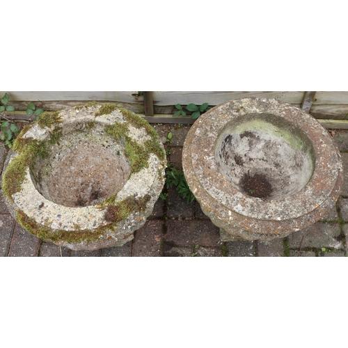 3415 - A pair of garden urns with bulbous bodies on square bases (1 base 2 corners a/f), 45cm diameter, 39c... 