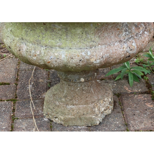 3415 - A pair of garden urns with bulbous bodies on square bases (1 base 2 corners a/f), 45cm diameter, 39c... 