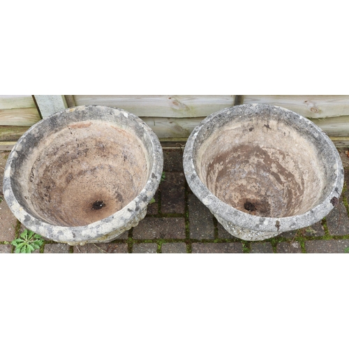 3416 - A pair of garden round trumpet shaped garden pots with raised swag and fruit sides, 50cm diameter, 3... 