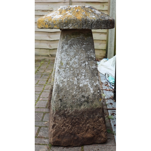 3417 - A pair of antique mushroom saddle stones in the form of mushrooms with circular tops on square splay... 