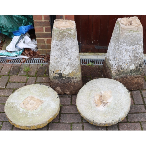 3417 - A pair of antique mushroom saddle stones in the form of mushrooms with circular tops on square splay... 