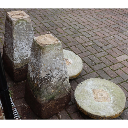 3417 - A pair of antique mushroom saddle stones in the form of mushrooms with circular tops on square splay... 