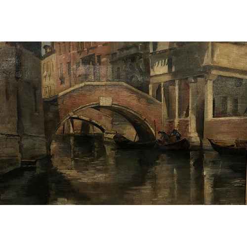 3420 - An oil on canvas of Venice canal and bridges, 39 x 26cm in gilt frame.