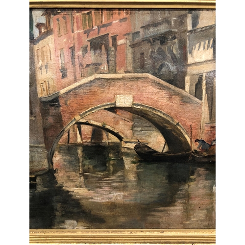 3420 - An oil on canvas of Venice canal and bridges, 39 x 26cm in gilt frame.