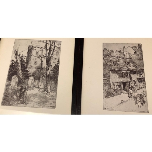 3233 - 8 black and white prints of villages, churches etc, all in matching black frames, Frames 20 x 27cm.