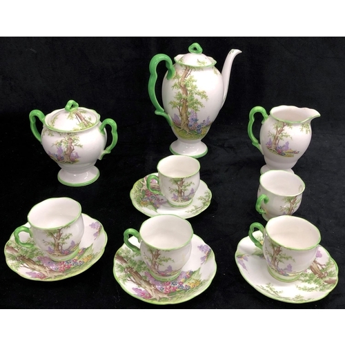 3255 - A Royal Albert Greenwood Tree patterned part coffee service, coffee pot, sugar pot (cracked to top),... 