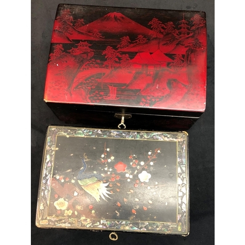 3333 - 2 Oriental lacquered musical jewellery boxes, (not working), largest 2.3cm wide, 15.5cm deep, 11cm h... 