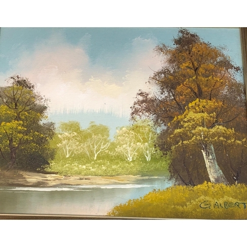 3344 - G. Albert oil on board depicting river and trees, 24 x 19cm in gilt frame and J. Keithson oil on boa... 