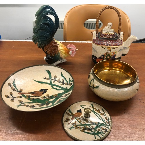 3553 - A painted brass dish and pot with lid on cream ground with bird and tree decoration, dish 23cm diame... 