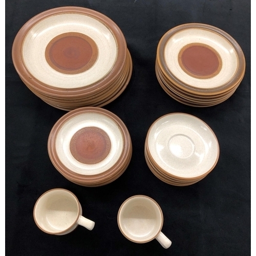 3199 - A Denby part service with brown rim, 7 large plates,  6 smaller plates, 5 side plates, 2 cups, 6 sau... 