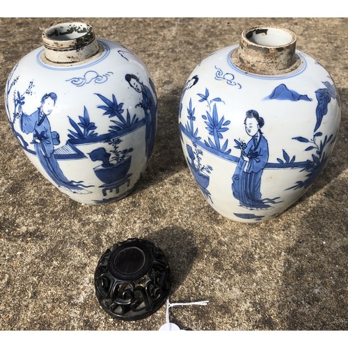 22 - A pair of near matching 18th/19th Century Chinese round bulbous shaped small ginger jars on blue and... 